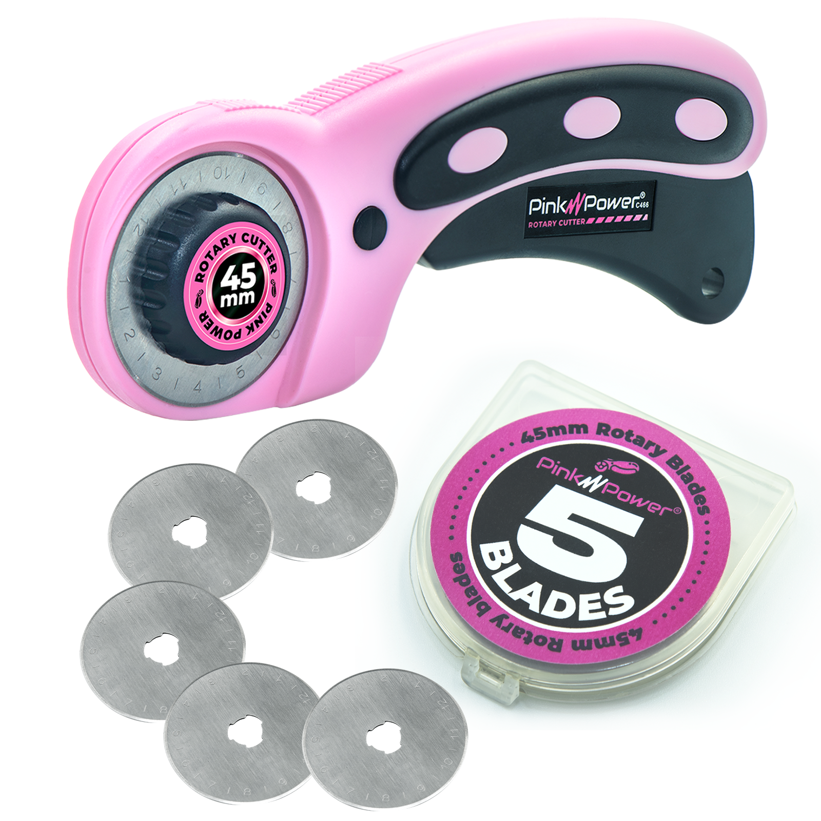 Pink Power Fabric Rotary Cutter Set and 5 Pack 45mm Rotary Blades for  Quilting Supplies and Tools